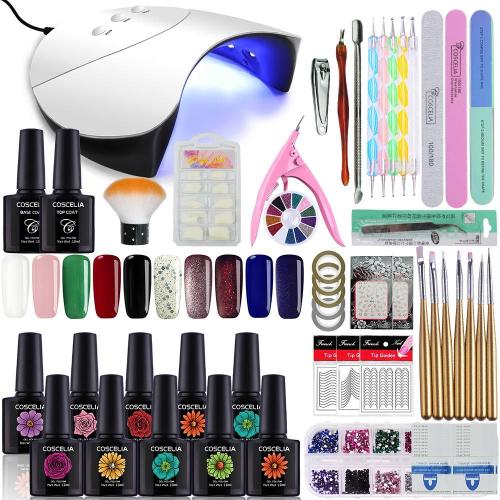 Nail Art Kit 10 Flacons Vernis Semi Permanent À Ongle + 36 W Usb Lampe Uv/Led Sèche Soak Off Polish Gel Base Top Coat Faux Ongles Strass Stickers Kit Manucure Diy Outils Coscelia