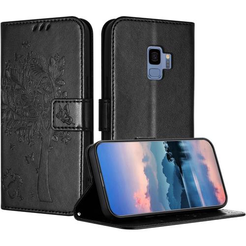 Coque Pour Samsung Galaxy S9, Coque Portefeuille Housse Cuir Avec Porte Cartes Et Béquille Fermeture Magnétique Étui Pour Samsung S9 - Noir