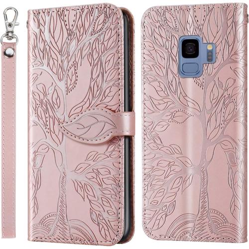 Coque Pour Samsung Galaxy S9, Premium En Cuir Pu Multifonction Antichoc Etui À Rabat, Support Fentes Cartes Pochette De Portefeuille Cuir Coque Samsung Galaxy S9 - Or Rose