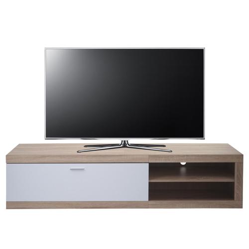 Rack Tv Hwc-L33, Table Tv Table Basse Armoire Tv Commode, Bois 43x180x41cm Compartiment De Rangement, Aspect Chêne, Blanc