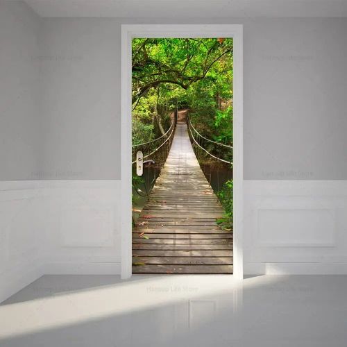 Autocollants de porte de chemin forestier,plante de la jungle verte,couverture de papier peint,paysage naturel,autocollant auto-adhésif 3D,décor de chambre à coucher à la maison,affiche