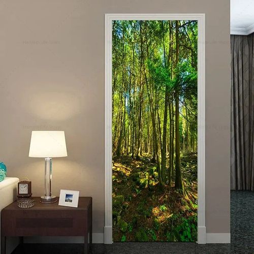 Autocollants de porte de chemin forestier,plante de la jungle verte,couverture de papier peint,paysage naturel,autocollant auto-adhésif 3D,décor de chambre à coucher à la maison,affiche