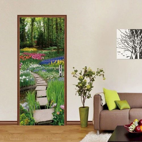 Autocollants de porte de chemin forestier,plante de la jungle verte,couverture de papier peint,paysage naturel,autocollant auto-adhésif 3D,décor de chambre à coucher à la maison,affiche