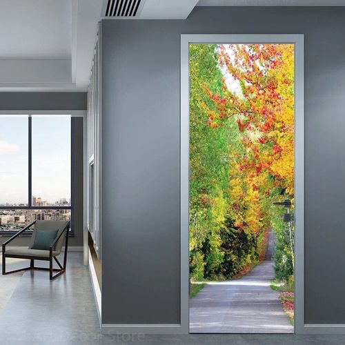 Autocollants de porte de chemin forestier,plante de la jungle verte,couverture de papier peint,paysage naturel,autocollant auto-adhésif 3D,décor de chambre à coucher à la maison,affiche
