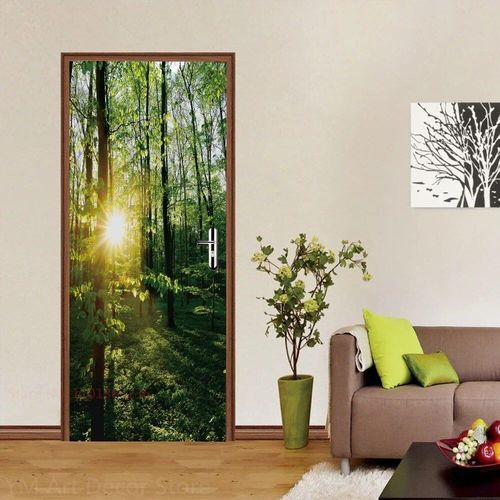 Autocollants de porte de chemin forestier,plante de la jungle verte,couverture de papier peint,paysage naturel,autocollant auto-adhésif 3D,décor de chambre à coucher à la maison,affiche