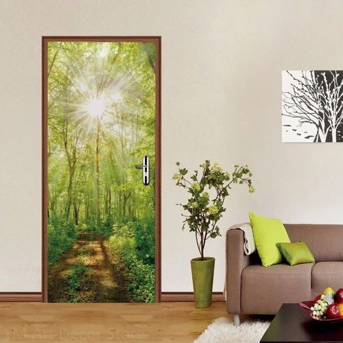 Autocollants de porte de chemin forestier,plante de la jungle verte,couverture de papier peint,paysage naturel,autocollant auto-adhésif 3D,décor de chambre à coucher à la maison,affiche
