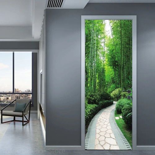Autocollants de porte de chemin forestier,plante de la jungle verte,couverture de papier peint,paysage naturel,autocollant auto-adhésif 3D,décor de chambre à coucher à la maison,affiche