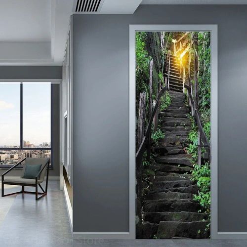 Autocollants de porte de chemin forestier,plante de la jungle verte,couverture de papier peint,paysage naturel,autocollant auto-adhésif 3D,décor de chambre à coucher à la maison,affiche