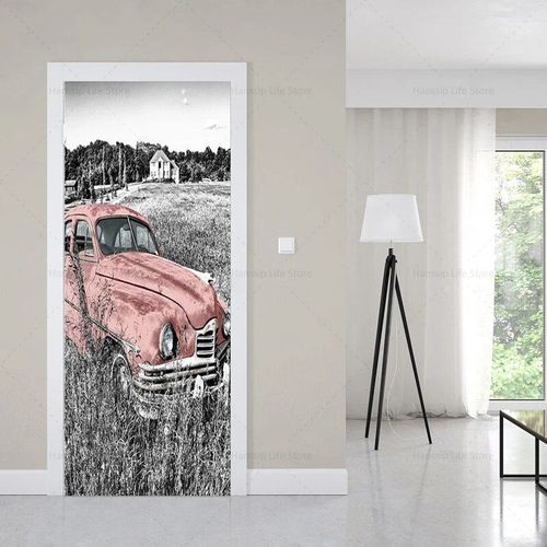 Autocollants muraux de couverture de porte de bâtiments européens de style noir rétro,auto-adhésif imperméable,PVC,voiture,tour Eiffel,papier peint