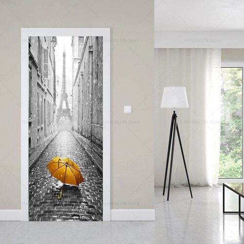 Autocollants muraux de couverture de porte de bâtiments européens de style noir rétro,auto-adhésif imperméable,PVC,voiture,tour Eiffel,papier peint