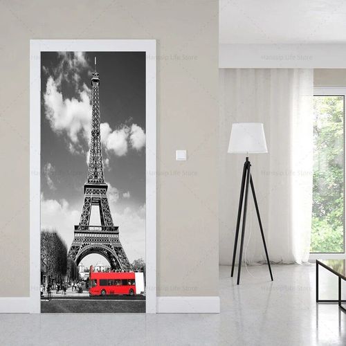 Autocollants muraux de couverture de porte de bâtiments européens de style noir rétro,auto-adhésif imperméable,PVC,voiture,tour Eiffel,papier peint