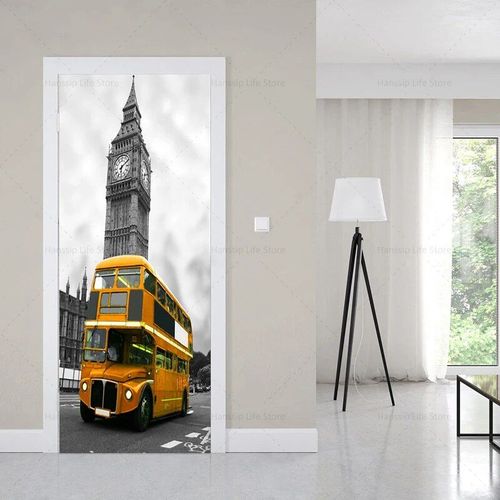 Autocollants muraux de couverture de porte de bâtiments européens de style noir rétro,auto-adhésif imperméable,PVC,voiture,tour Eiffel,papier peint
