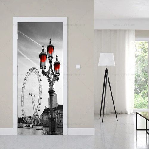 Autocollants muraux de couverture de porte de bâtiments européens de style noir rétro,auto-adhésif imperméable,PVC,voiture,tour Eiffel,papier peint