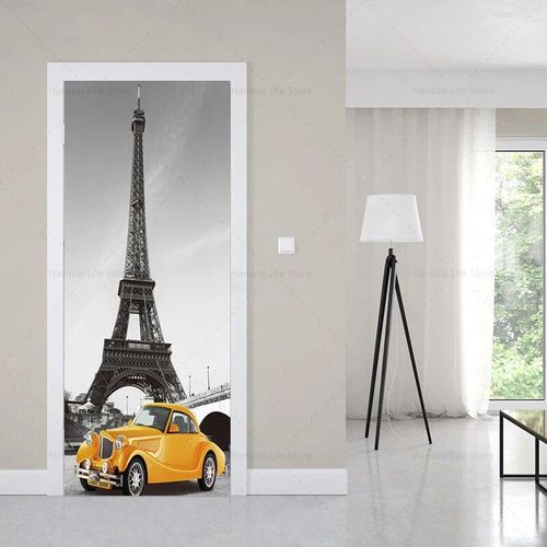 Autocollants muraux de couverture de porte de bâtiments européens de style noir rétro,auto-adhésif imperméable,PVC,voiture,tour Eiffel,papier peint