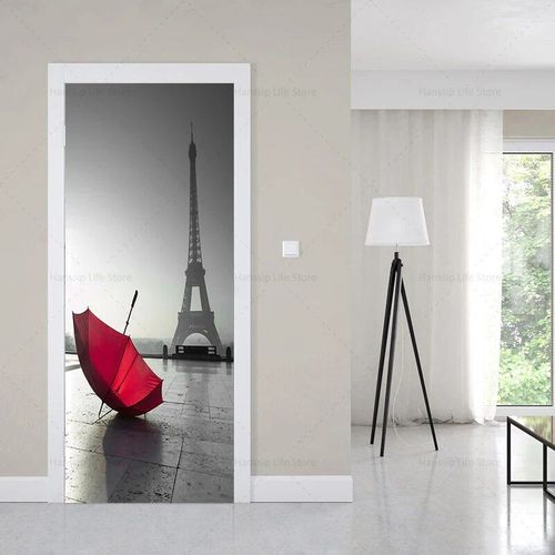Autocollants muraux de couverture de porte de bâtiments européens de style noir rétro,auto-adhésif imperméable,PVC,voiture,tour Eiffel,papier peint