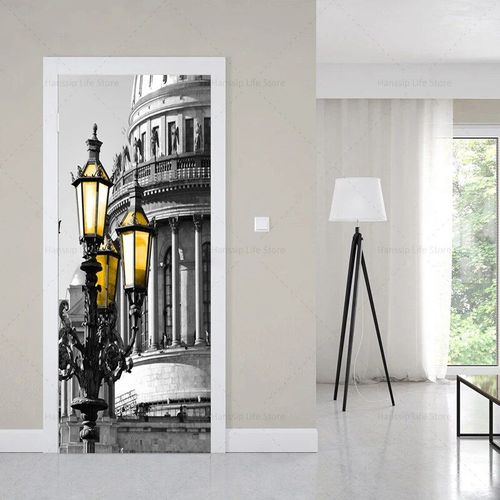 Autocollants muraux de couverture de porte de bâtiments européens de style noir rétro,auto-adhésif imperméable,PVC,voiture,tour Eiffel,papier peint