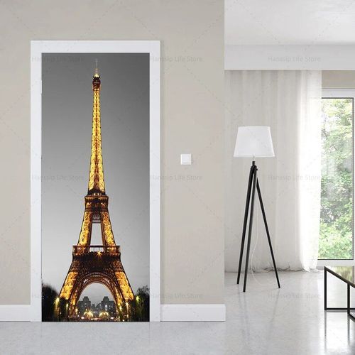 Autocollants muraux de couverture de porte de bâtiments européens de style noir rétro,auto-adhésif imperméable,PVC,voiture,tour Eiffel,papier peint