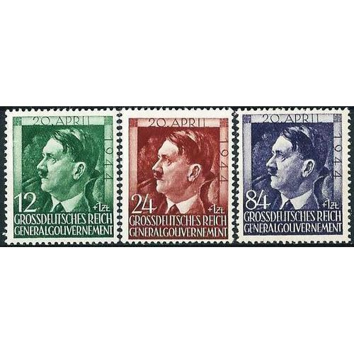 Pologne, Occupation Allemande, Gouvernement General, 20 Avril 1944, Très Belle Série Complète Timbres Neufs** Luxe Yvert 128 129 130, 55ème Anniversaire Chancelier Hitler.