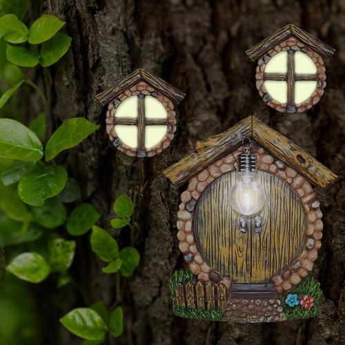 Ensemble de porte et de lampe féeriques miniatures, Kit de lampes de jardin  en résine, brille dans la nuit, pour arbres et arbres, décoration