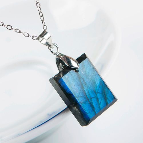Collier De Guérison En Labradorite Naturelle Pour Femmes, Pendentif En Pierre De Lune, Rectangulaire, Lumière Bleue Forte, 20x14x9mm, Aaaaa, 100%