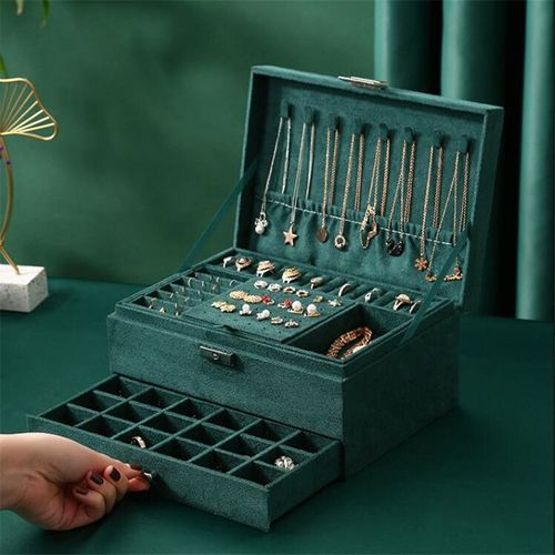 Organisateur De Bijoux À Clous Verts À 3 Couches, Grand Anneau, Collier, Étui De Maquillage, Boîte À Bijoux En Velours Avec Serrure Pour Femmes
