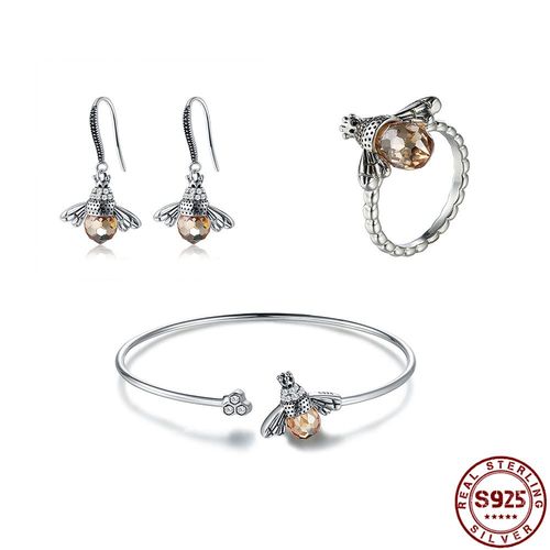 Ensemble De Bijoux En Argent Sterling 925 Véritable Pour Femmes, Joli Ensemble De Boucles D'oreilles, Bague Vintage, Cristal Orange, Abeille, Animal