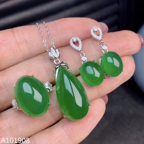 Collier Et Boucles D'oreilles En Calcédoine Verte Naturelle Incrustée D'argent Sterling 925, Ensemble De Bijoux Boutique, Test De Support