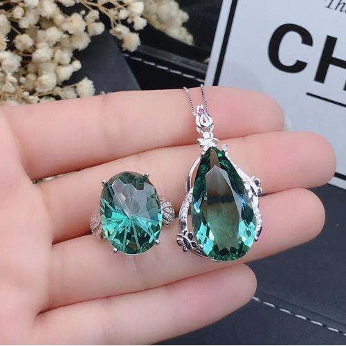 Collier Et Bague En Argent Sterling 925 Pour Femmes, Ensemble De Bijoux Boutique Incrustés De Cristal Vert, Pendentif