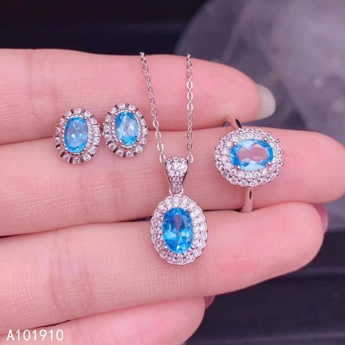 Collier En Argent Sterling 925 Incrusté De Topaze Bleue Naturelle, Bague, Boucle D'oreille, Costume, Support, Détection, Mode