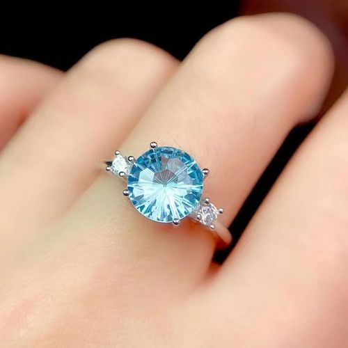 Bijoux Fins En Argent Sterling 925 Incrusté De Topaze Naturelle Bleu Ciel Pour Femmes, Support De Bague De Gemme Rond Réglable À La Mode