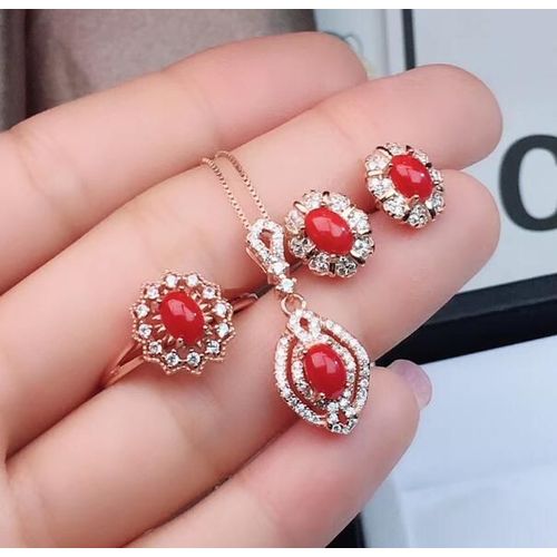 Ensemble De Bijoux En Argent Sterling 925 Incrusté De Pierres Précieuses Naturelles, En Corail Rouge, Bague, Pendentif, Boucles D'oreilles, Supo