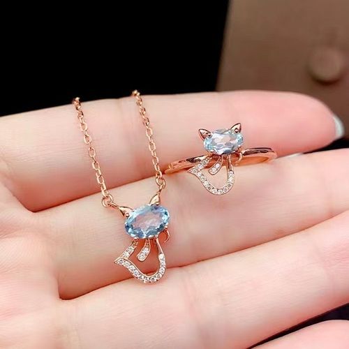 Bijoux Fins En Argent Sterling 925 Incrustés De Topaze Naturelle Bleu Ciel Pour Femmes, Élégants Et Exquis, Ensemble De Pendentifs En Forme De Chat