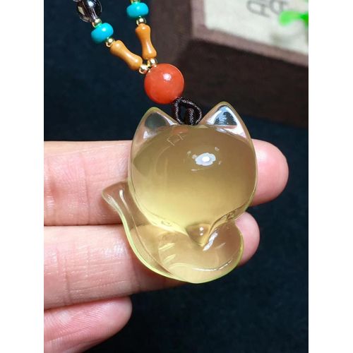 Collier En Citrine Jaune Naturelle, Quartz, Renard Sculpté, Pendentif En Cristal Pour Hommes Et Femmes, Bijoux En Pierre De Fortune, 31x24mm, Aaaaa