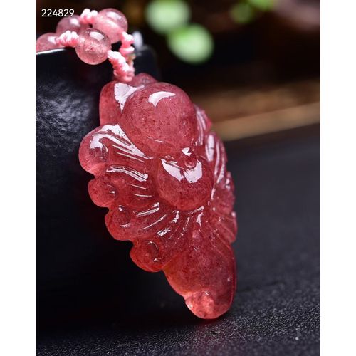 Collier En Quartz Naturel Rouge Glacé Fraise, Pendentif De Fête En Cristal Renard Sculpté 43x30x12mm Bijoux Pendentifs Aaaaa