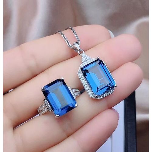 Pendentif + Collier + Bague En Topaze Bleue Naturelle Incrustée En Argent Sterling 925, Ensemble Support T, Bijoux Boutique