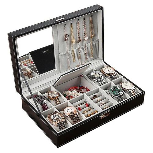 Boîte De Montre En Cuir Noir,Boîtier De Montre En Cuir,Organisateur Boîte De Rangement Pour Bagues Montres À Fenêtre En Pu Noir,Boîtes À Bijoux Affichage Verrouillable - Type Mirror 8 Grids