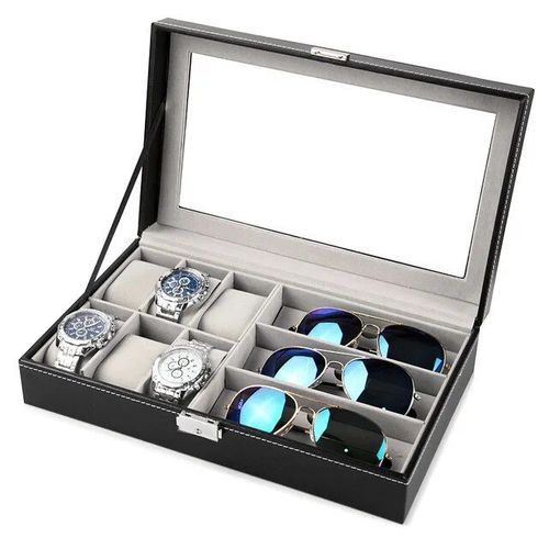 Boîte De Montre En Cuir Noir,Boîtier De Montre En Cuir,Organisateur Boîte De Rangement Pour Bagues Montres À Fenêtre En Pu Noir,Boîtes À Bijoux Affichage Verrouillable - Type Glasses 6 Grids