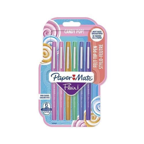 Paper Mate Lot De 6 Stylos Feutre Flair Candy Pop - Pointe Moyenne - Assortiment De Couleurs