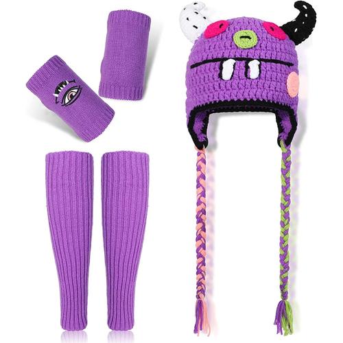 Diable Bonnet Tricoté Enfant, Violet Gants Sans Doigts Guêtres En Tricot Pour L'hiver, Déguisement De Diable Pour Halloween, Costume Vetement Fête Pour Bal Masqué, Halloween, Fête De Famille