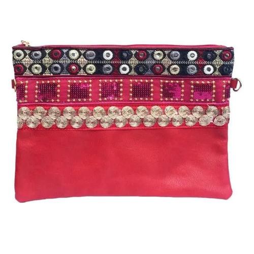 Pochette à Maquillage, Pochette multiusage, Pochette pour Tablette iPad avec bandoulière et décoration Fait Main (Rouge )