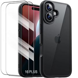 Coque + 2 Verres Trempés Pour Iphone 16 Plus - Coque Antichoc Rigide Noir Avec Dos Translucide - E.F.Connection