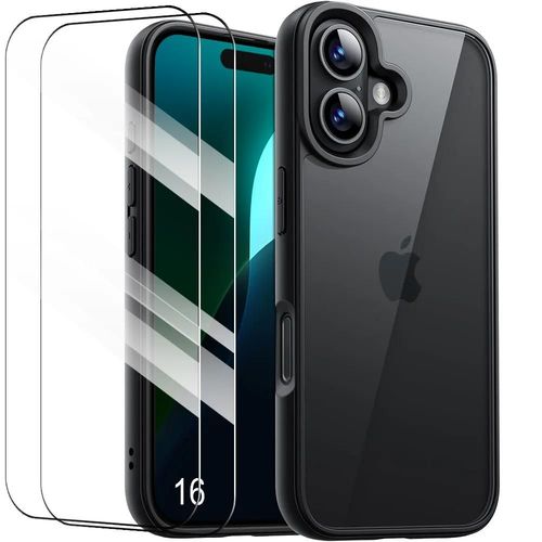 Coque + 2 Verres Trempés Pour Iphone 16, Protection Antichoc Silicone Noir + Dos Pc Translucide - E.F.Connection