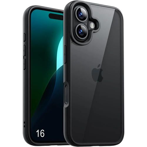 Coque Pour Iphone 16, Protection Antichoc Silicone Noir + Dos Pc Translucide - E.F.Connection