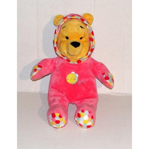 Peluche Winnie L'ourson En Grenouillère Ou Pyjama Rose Brodé D Une Abeille Disney Doudou Nicotoy 30cm