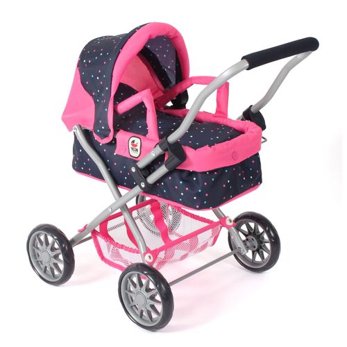 Poussette Pour Poupée Smarty Rose Bleu Marine Avec Pois