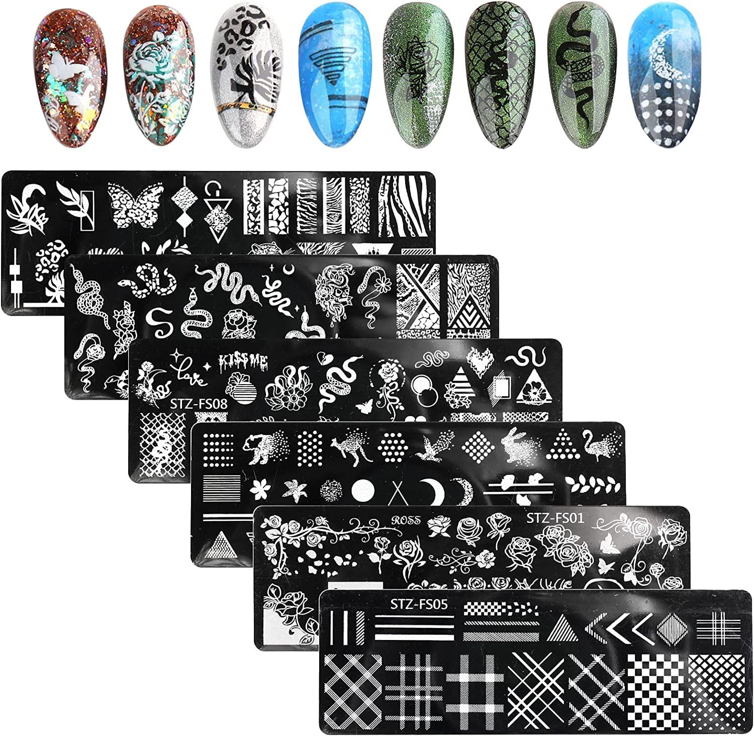 6 Pièces Nail Art Plaques À Ongles, Nail Art Stamping Templates Set, Modèle De Fleurs Serpent Animal Sauvage Letter Plaque D'image D'ongle Pour Nail Art Design Manucure Salon Ongles Décoration