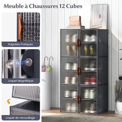 Boîtes À Chaussures Costway-Lot De 6-12 Cubes-Portes Avec Poignees-Loquet Magnetique-Meuble Pliables En Plastique-Multifonction