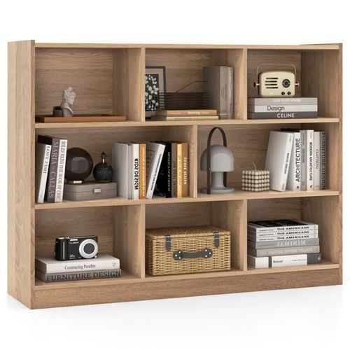 Étagère Bibliothèque À 3 Niveaux Costway-122 X 32 X 93cm-8 Cubes Ouverts De Rangement-Pied Antidérapant-Capacité Max 220 Kg-Naturel
