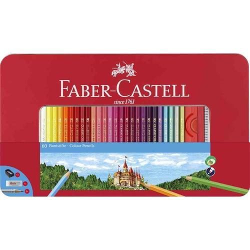 Faber-Castell Etui De 60 Crayons De Couleurs Hexagonaux Castle + 2 Crayons, Taille-Crayon Et Gomme