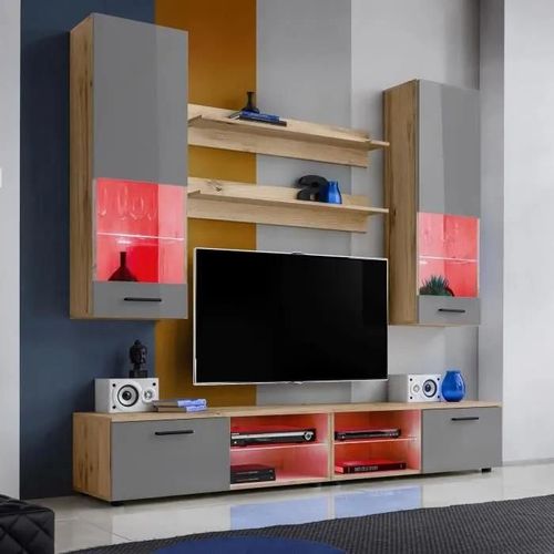 Ensembles De Meubles Tv Varallo Komodee - Led Rgb - Gris Brillant & Bois Naturel - Façades En Brillant - L200cm X H195cm X P45cm